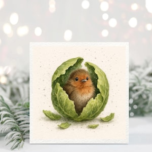 Rotkehlchen in Rosenkohl Weihnachtskarte - netter handgemalter Vogel Feiertagsgruß - lustiges festliches Gemüsedesign - leere 5x5 Aquarell