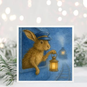 May include: A square greeting card featuring a brown rabbit wearing a blue conductor's hat, holding a lit lantern, and looking out of a train window. A train is visible in the background on a snowy night. The card has a white border.