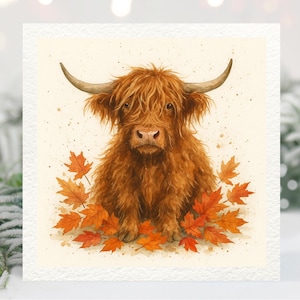 Highland Cow Watercolour Autumn Blank Greeting Card – Rustic Countryside Animal Art, Shaggy Cow with Leaves, Farmhouse Stationery