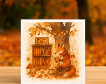 Autumn Fox Reading Card | Woodland Book Nook Greeting Card | Cozy Wrendale-Style Watercolour Animal Art