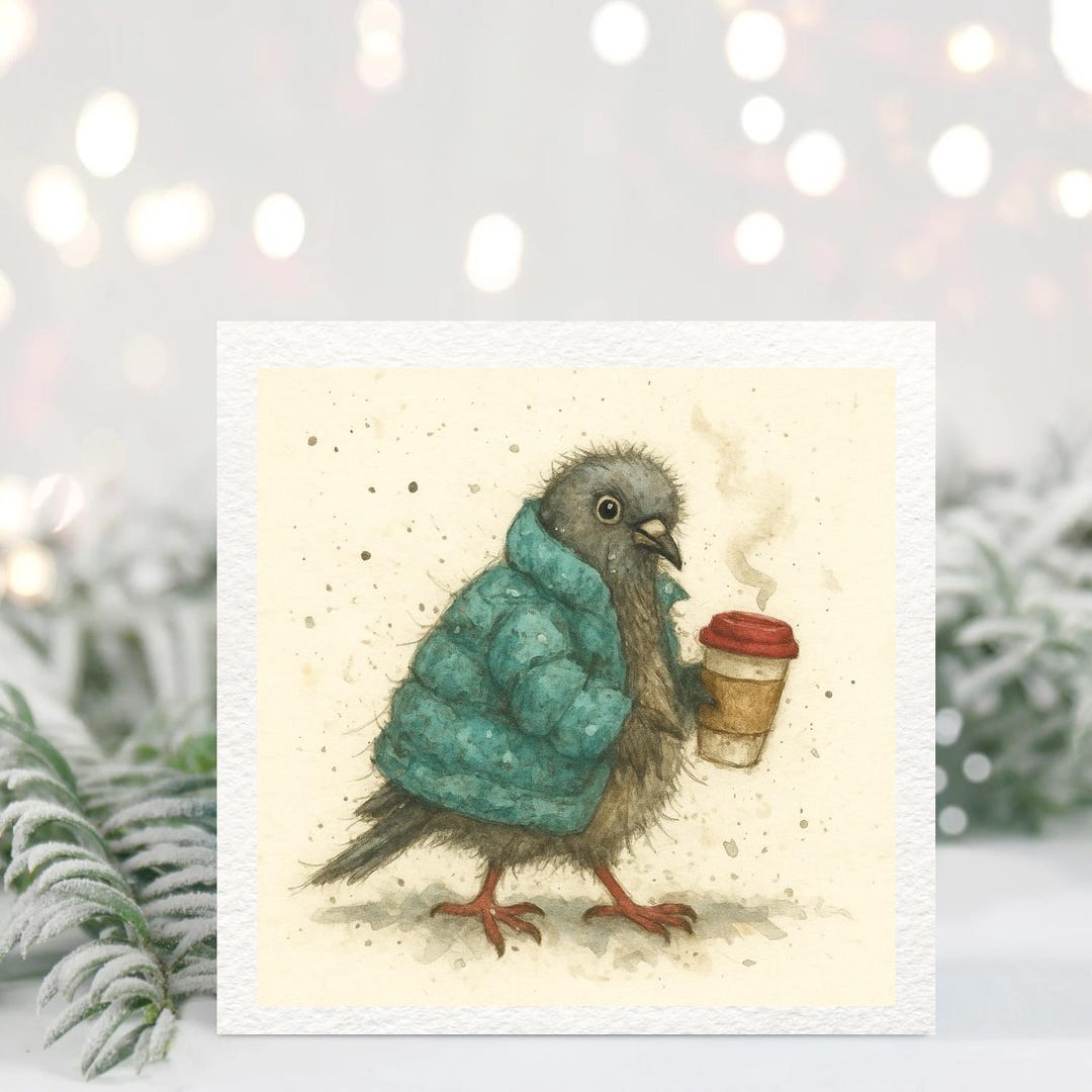 Winter Pigeon Coffee Card – Funny Bird Christmas Card, Watercolour ...