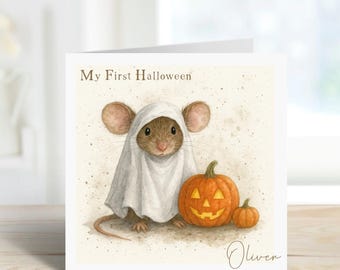 My First Halloween Card – Cute Baby Mouse Pumpkin Design – Personalised Keepsake Baby’s 1st Halloween Greeting Card