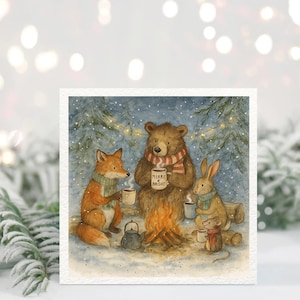 Kerstkaart met bosdieren – kampvuur Bear Fox Bunny – gezellig winters boslandschap – aquarel in Wrendale-stijl – vrolijke en warme groet