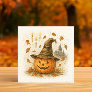 Puede incluir: Ilustración en acuarela de una calabaza sonriente con un sombrero de bruja marrón. La imagen incluye velas flotantes, hojas de otoño y una silueta de castillo. El fondo es un follaje otoñal borroso.
