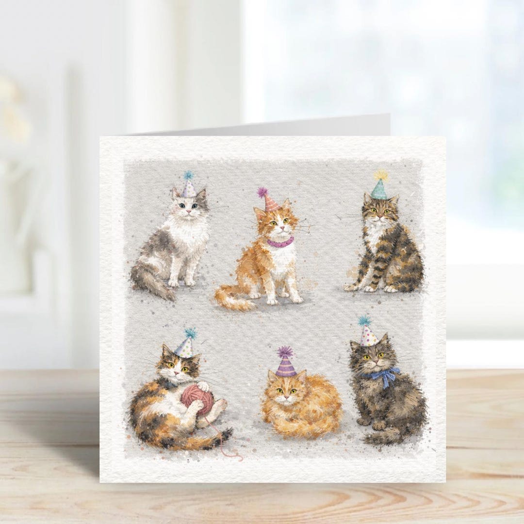 Funny Cat Birthday Card | Watercolour Cats Wearing Party Hats | Cute ...