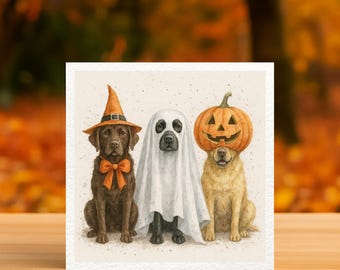 Halloween Labrador Card – Cute Dog Halloween Greeting Card – Pumpkin, Ghost & Witch Dog Illustration – Funny Autumn Dog Card