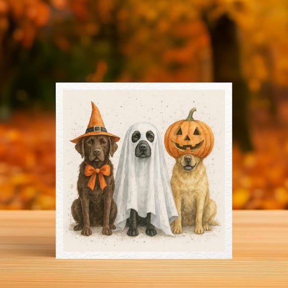 Halloween Labrador Card – Cute Dog Halloween Greeting Card – Pumpkin, Ghost & Witch Dog Illustration – Funny Autumn Dog Card