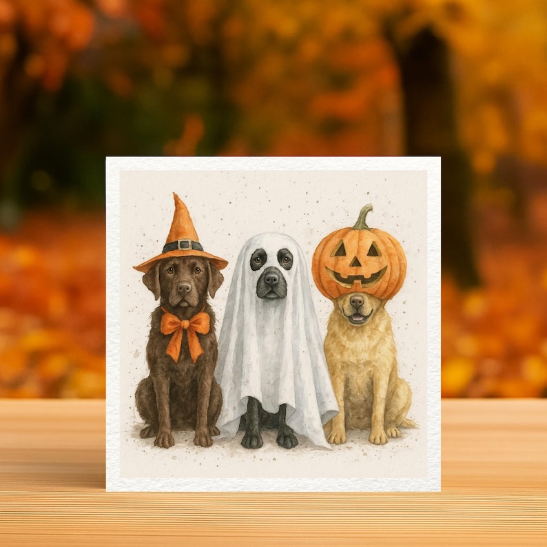 May include: A watercolor illustration of three dogs dressed for Halloween. One dog wears a witch hat and bow tie, another is in a ghost costume, and the third has a carved pumpkin on its head. The background is a blurred autumn scene.