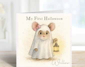 My First Halloween Card – Baby’s 1st Halloween Ghost Mouse – Personalised Pastel Cute Animal Card – Keepsake New Baby Girl Boy Gift