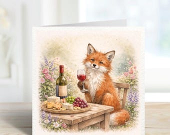 Tarjeta de felicitación de zorro con vino y queso – Tarjeta divertida de animales – Ilustración campestre – Tarjeta de cumpleaños para ella – Regalo para amantes de la comida – Arte rústico de zorro
