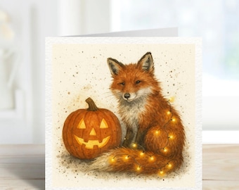 Carte de voeux aquarelle renard d'Halloween - Carte d'automne avec citrouille et guirlande lumineuse de style Wrendale