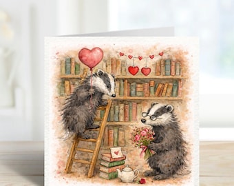 Woodland Badger Valentine Card, Cute Bookshop Animals, Romantic Illustration Card, Love Card for Book Lovers