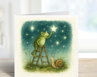 Whimsical Frog and Snail Star Card – Magical Night Sky Greeting Card – Friendship, Encouragement or Birthday Card – Nature Lovers Gift