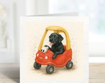 Black Labrador Watercolour Cozy Coupe Blank Greeting Card – Cute Dog Birthday Card, Funny Pet Lover Greeting, Whimsical Animal Art