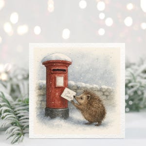 May include: Watercolor illustration of a hedgehog placing a letter labeled "To Santa" into a red mailbox covered in snow. The scene is set in a winter landscape with a stone wall in the background.