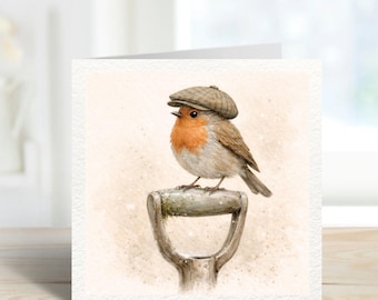 Robin Greeting Card – Cute Country Robin in Flat Cap – British Wildlife Watercolour Card – Rustic Nature Illustration – All Occasions Card
