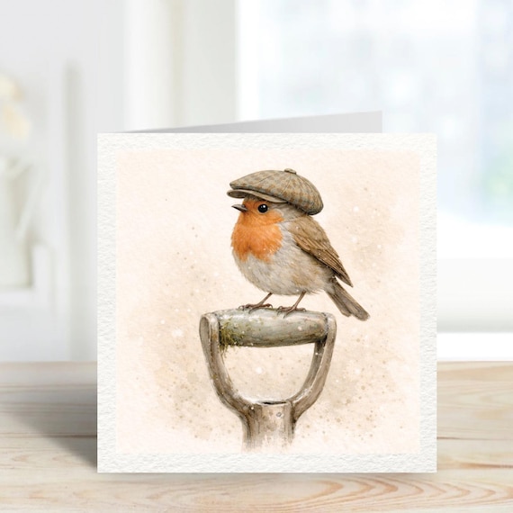 Robin Greeting Card – Cute Country Robin in Flat Cap – British Wildlife Watercolour Card – Rustic Nature Illustration – All Occasions Card