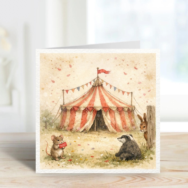 Woodland Circus Birthday Card Cute Mouse Ticket Card Badger Rabbit 