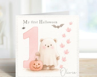 Pastel Pink First Halloween Card | Personalised Baby’s 1st Halloween | Cute Bear Ghost Pumpkin | Girl Autumn Keepsake Card