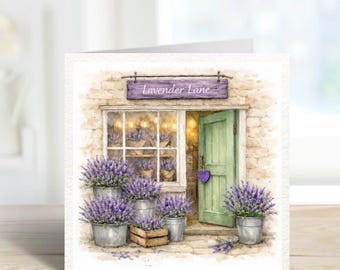 Lavender Lane Cottage Card | Lavender Shopfront Illustration | Country Cottage Greeting Card | Purple Lavender Door Card | Handmade card