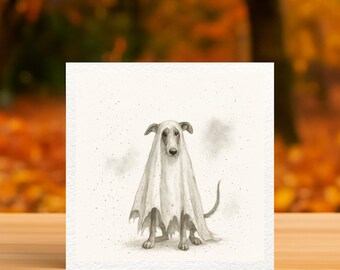 Halloween-windhondkaart – wenskaart grappige spookhond – Spooky schattige hondenliefhebberkaart – Whippet- of Greyhound-Halloweenkaart