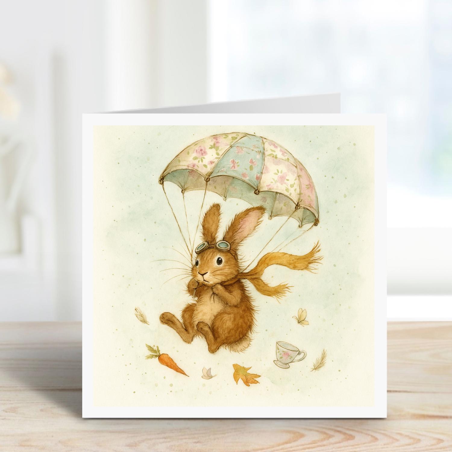 Flying Bunny Parachute Card | Whimsical Rabbit Watercolour Card | Cute ...