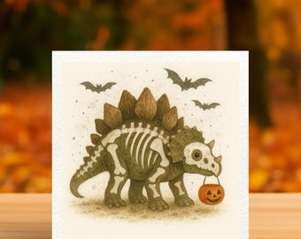 Halloween Dinosaur Card – Cute Watercolour Skeleton Dino with Pumpkin, Spooky Kids Halloween Greeting Card