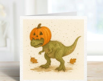 Funny Dinosaur Halloween Card – T-Rex Pumpkin Head – Cute Spooky Greeting Card for Kids & Dino Lovers – Autumn Halloween Card