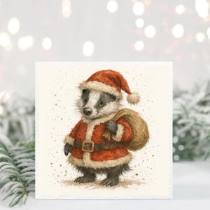 May include: A watercolour illustration of a badger in a Santa Claus outfit. The badger is wearing a red suit with white trim and a matching hat, and carrying a brown sack. The image has a festive, Christmas theme.
