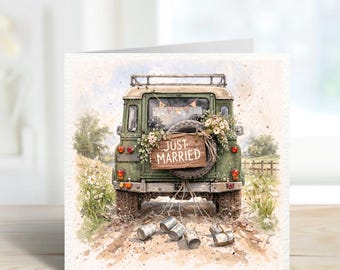 Rustic Wedding Card – Just Married Land Rover Card – Countryside Wedding Congratulations Card – Vintage Car Wedding Card – Country Wedding