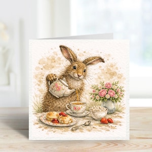Könnte beinhalten: Aquarellillustration eines braunen Hasen, der Tee aus einer Blumenvase in eine Tasse gießt. Ein Teller mit Scones mit Erdbeeren, eine Vase mit rosa Rosen und eine Schüssel mit Zuckerwürfeln vervollständigen die Teeparty-Szene. Die Karte hat einen Aquarelleffekt.