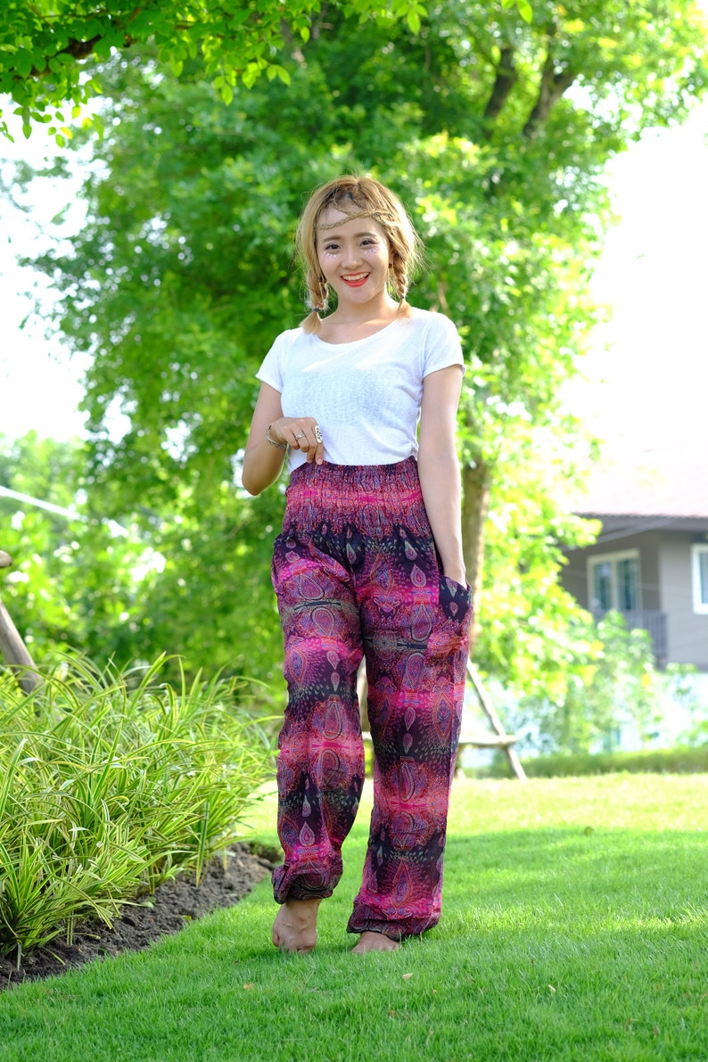 hippie pants hobo pants Harem pants peacock pants Pink-black
