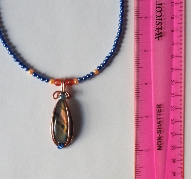 optional Add an Extender Blue Necklace 15 with Orange Accents Beaded Flash Labradorite Pendant on a Blue Faux Pearl Beaded Necklace