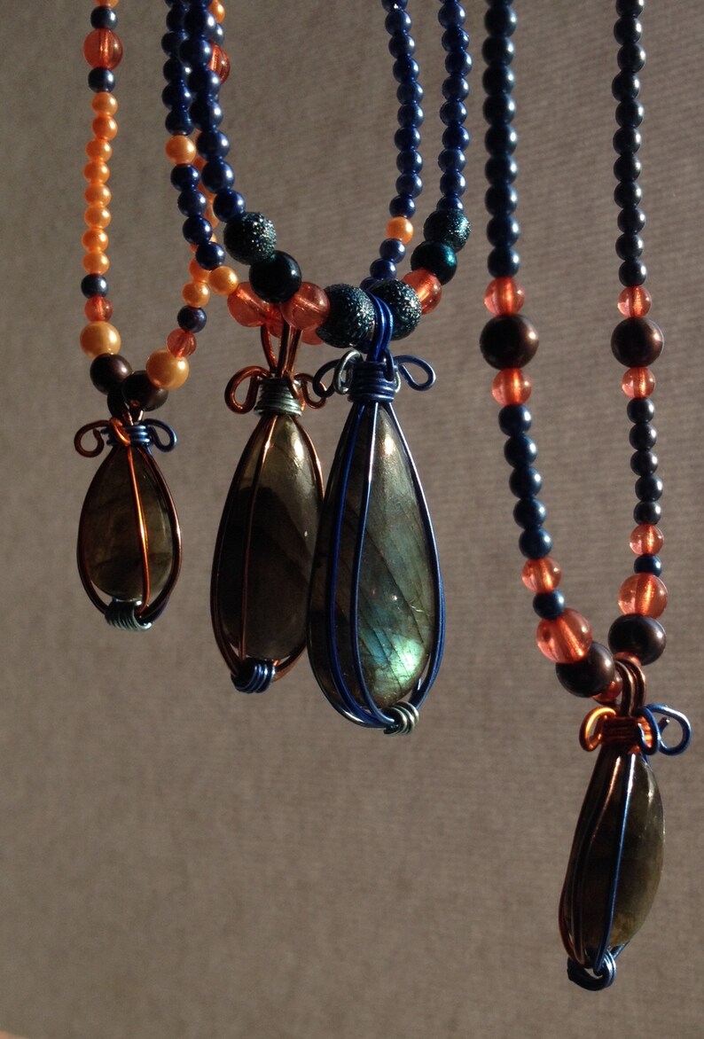 optional Add an Extender Blue Necklace 15 with Orange Accents Beaded Flash Labradorite Pendant on a Blue Faux Pearl Beaded Necklace