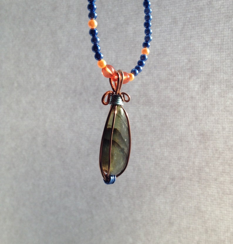 optional Add an Extender Blue Necklace 15 with Orange Accents Beaded Flash Labradorite Pendant on a Blue Faux Pearl Beaded Necklace