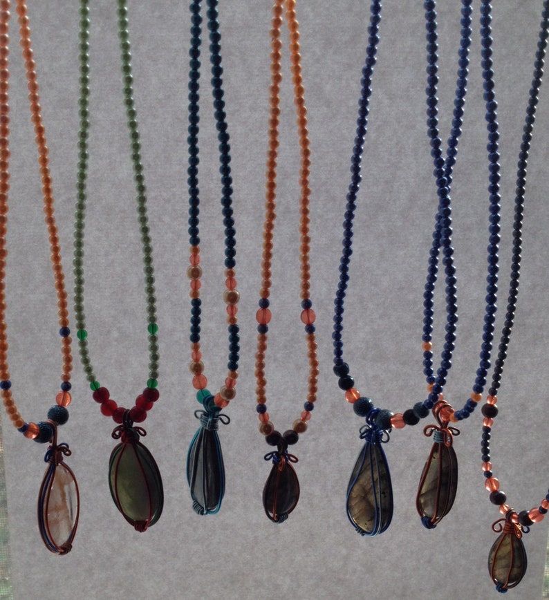 optional Add an Extender Blue Necklace 15 with Orange Accents Beaded Flash Labradorite Pendant on a Blue Faux Pearl Beaded Necklace
