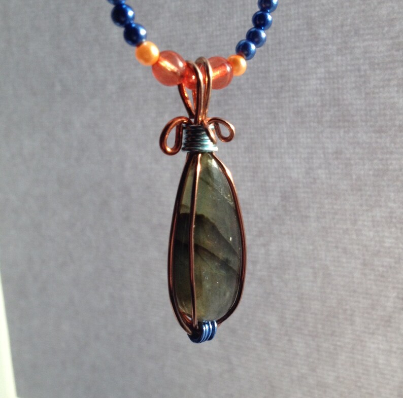 optional Add an Extender Blue Necklace 15 with Orange Accents Beaded Flash Labradorite Pendant on a Blue Faux Pearl Beaded Necklace