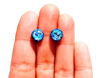 Blue Glitter Dome Earrings - Hypoallergenic Metal Free Earrings - Leaf Earrings - Bohemian Handmade Studs - Summer Studs - Button Earrings