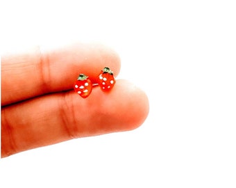 Strawberry Earrings -Tiny Studs - Fruit Earrings - Berry Jewelry - Summer Fruit Earrings - Food Earrings - Kawaii Studs - Dessert Earrings