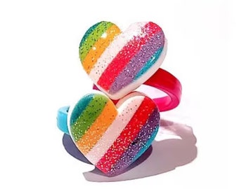 Heart Rainbow Sparkle Ring / Metal Free Plastic Rings For Kids / Hypoallergic / Children's Jewelry / Stripe Jewelry / Kids Birthday Present