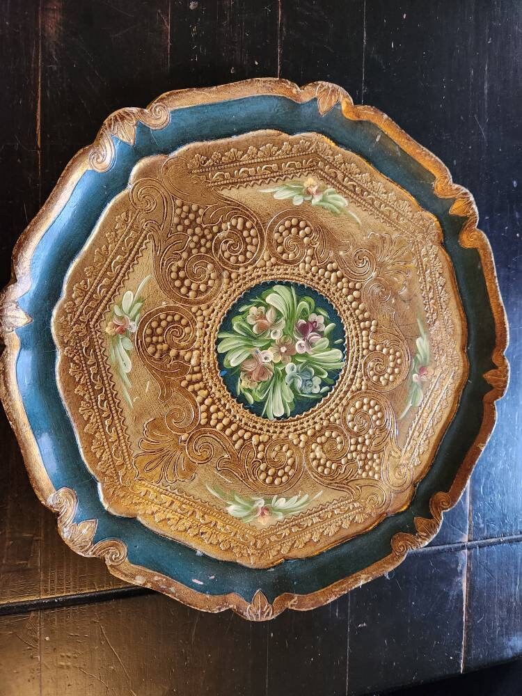 Vintage Italian Florentine Round Tole Painted Tray. Gold, Blue Green - Etsy