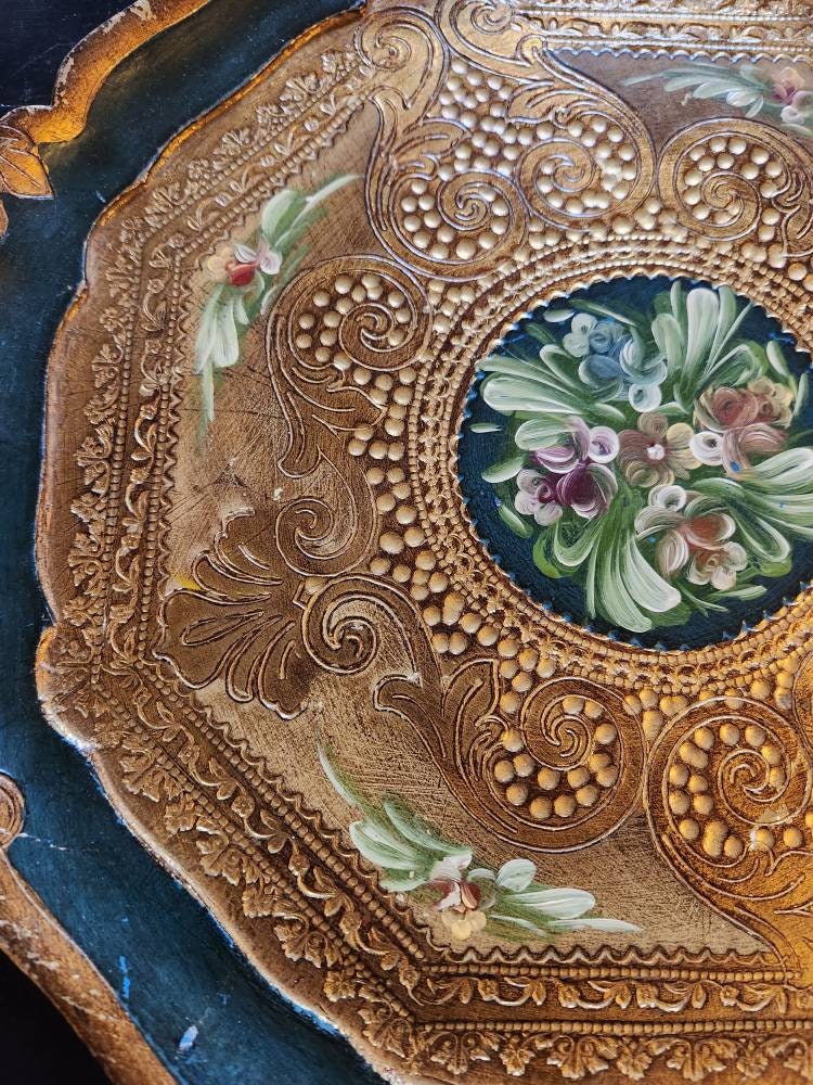 Vintage Italian Florentine Round Tole Painted Tray. Gold, Blue Green - Etsy