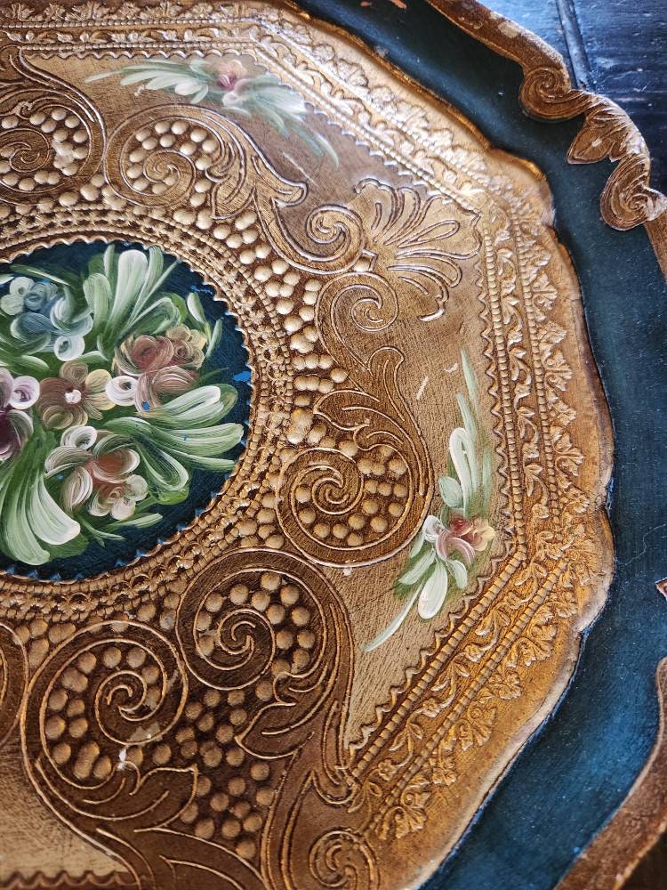 Vintage Italian Florentine Round Tole Painted Tray. Gold, Blue Green - Etsy
