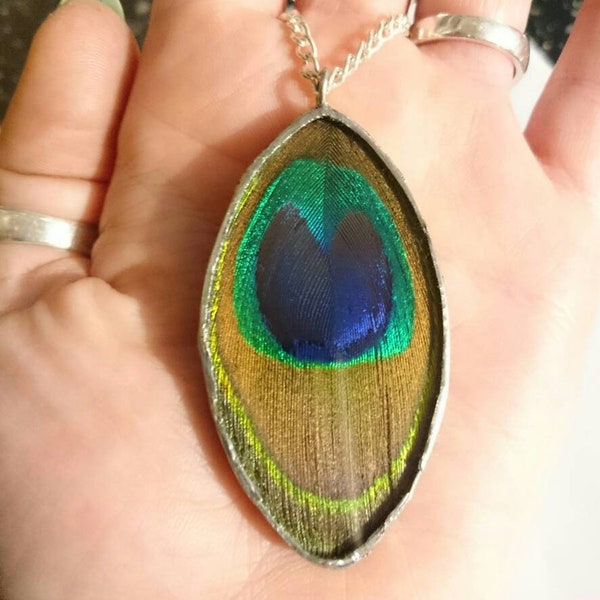 Stained Glass Peacock Feather Pendant Necklace Real Natural Pressed Feather Framed Gift Double Layer Wearable Nature Boho Art