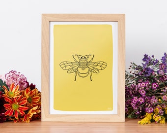 Little Bee Print | Yellow Black A4 A6 300gsm Wall Art | Bright Colourful Bumble Honey Cute Poster Printed | Ready Ship