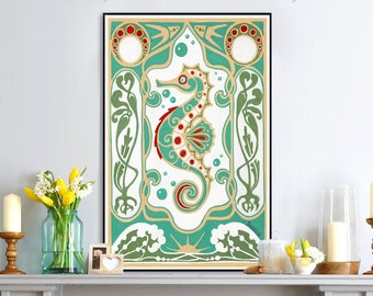 Art nouveau sea horse wall art décor print seahorse poster painting large nautical style in turquoise and gold by Carla's Cauldron