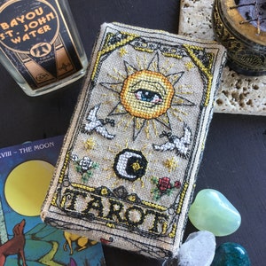 Tarot card Wiccan cross stitch pattern magical symbol pentagram moon phases raven sun elements PDF of cross stitch patterns only No tutorial