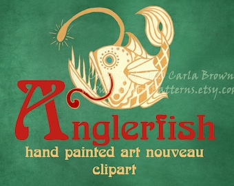 Angler fish clip art nouveau vintage anglerfish clipart illustration download hand painted deco gouache graphic JPG PNG painting, drawing