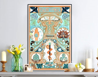 Art nouveau poster print healing symbols wall décor painting Rod of Asclepius Caduceus medical educational pagan health turquoise and peach
