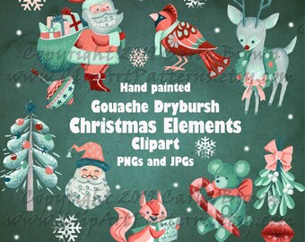 Mid century modern Christmas clip art retro gouache hand painted Santa clipart PNG JPG graphic bundle download illustrations mistletoe